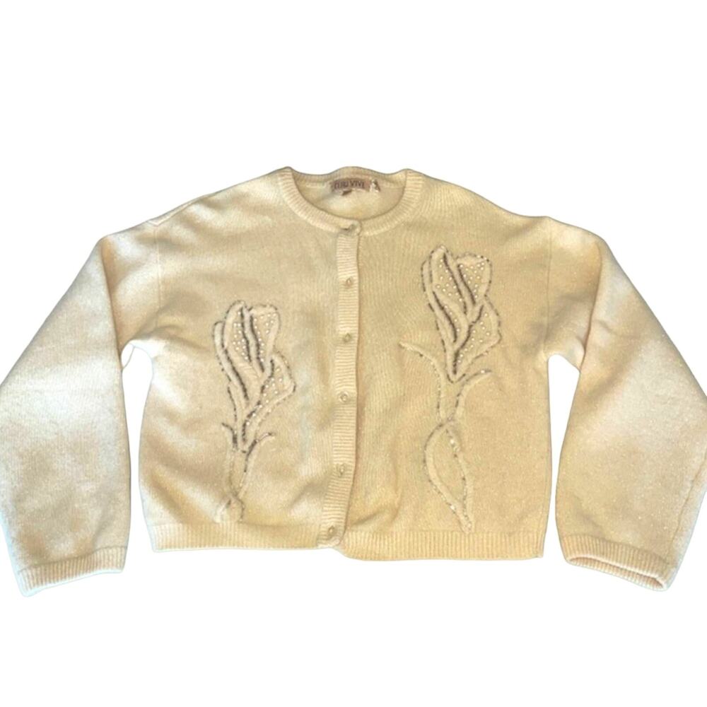 Vintage L'Eau Vive Cream Embellished Cardigan Sweater size Small